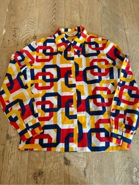 Lady Arrow Geometric Button-Up Shirt in Red, Yellow & Blue Vintage L
